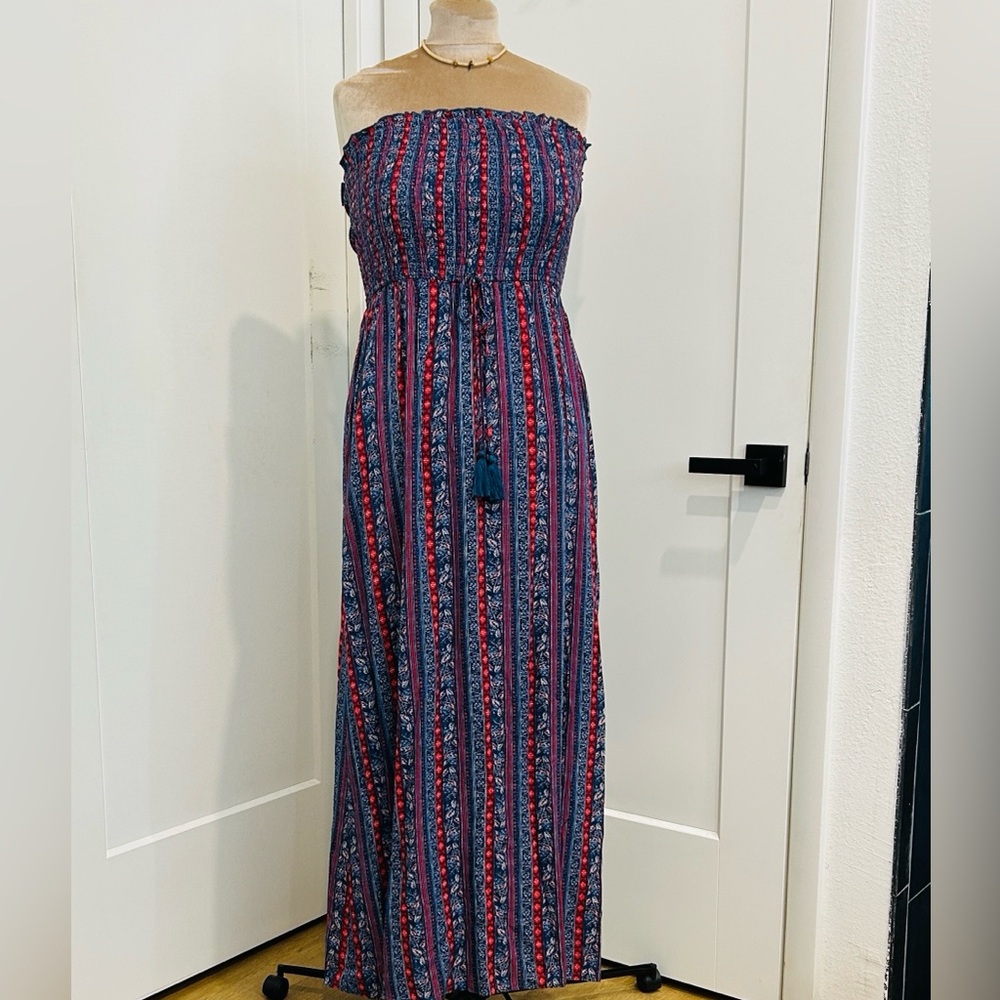 Band of Gypsies Bohemian Vibes Red and Blue Strapless Maxi Dress |Size Medium